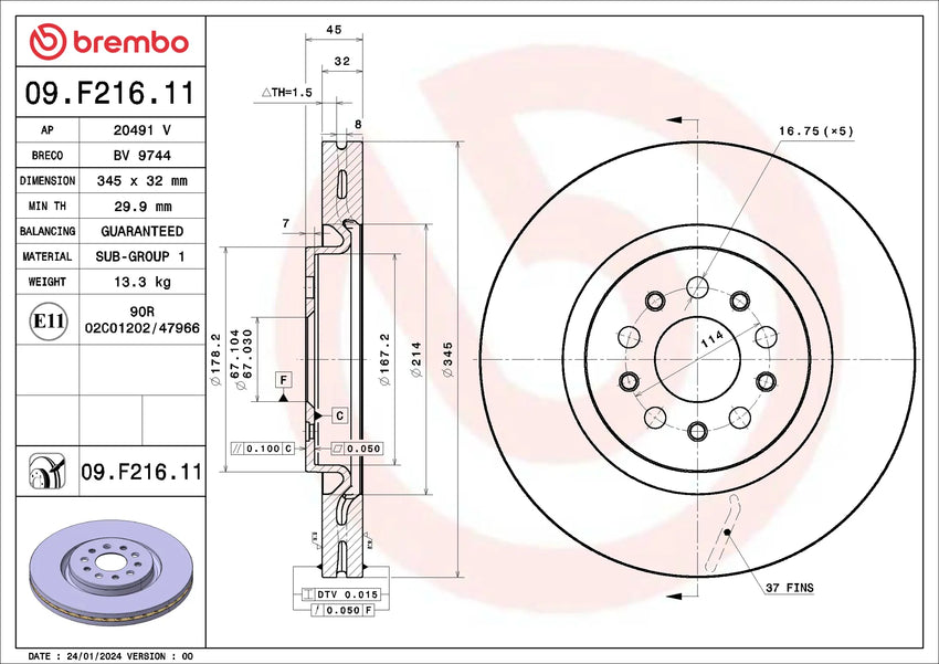 Maserati Levante M161 Brembo Front Brake Disc Rotor 09.F216.11 345mm