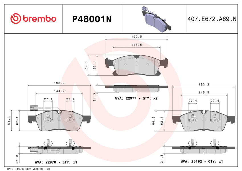 Maserati Levante M161 Brembo Front Brake Pad Set P48001n 193mm
