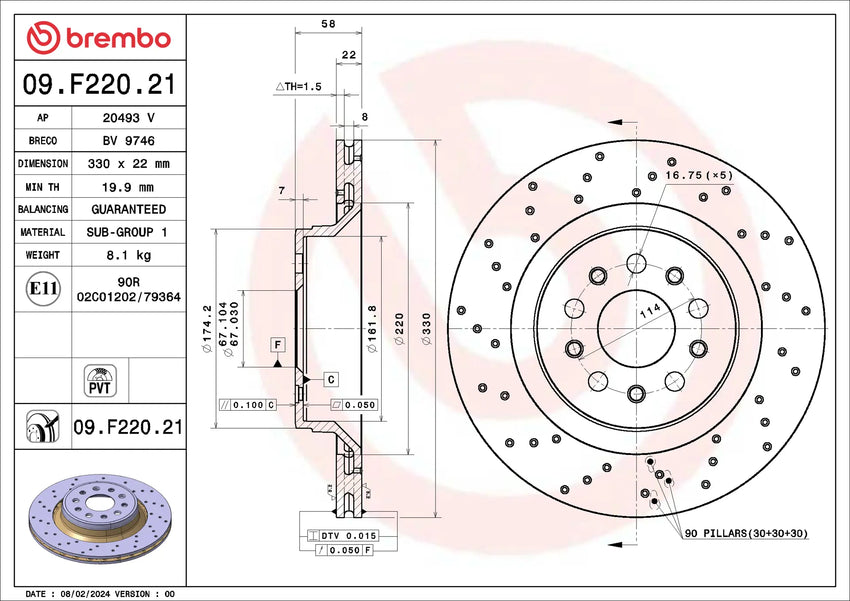 Maserati Levante M161 Brembo Front Disc Brake Rotor 330mm 09.F220.21