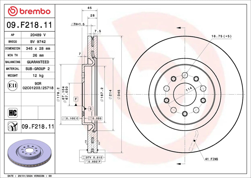Maserati Ghibli/Quattroporte Front Brembo Brake Disc Rotor Painted 09.F218.11 345mm