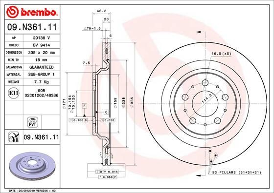 TESLA Model 3 BREMBO Rear Disc Brake Rotor 09.N361.11 335mm