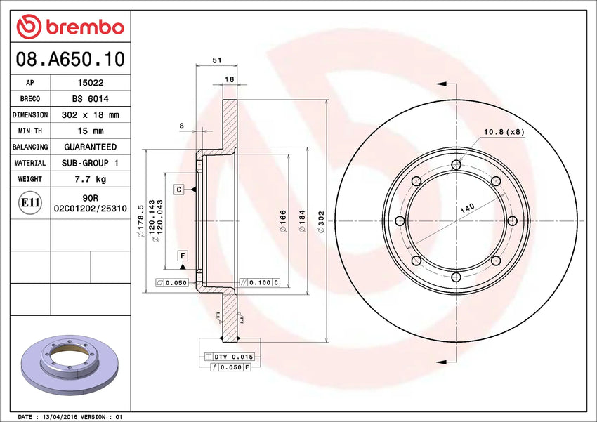 Brembo Rear Brake disc 08.A650.10 Renault Master X62 302mm